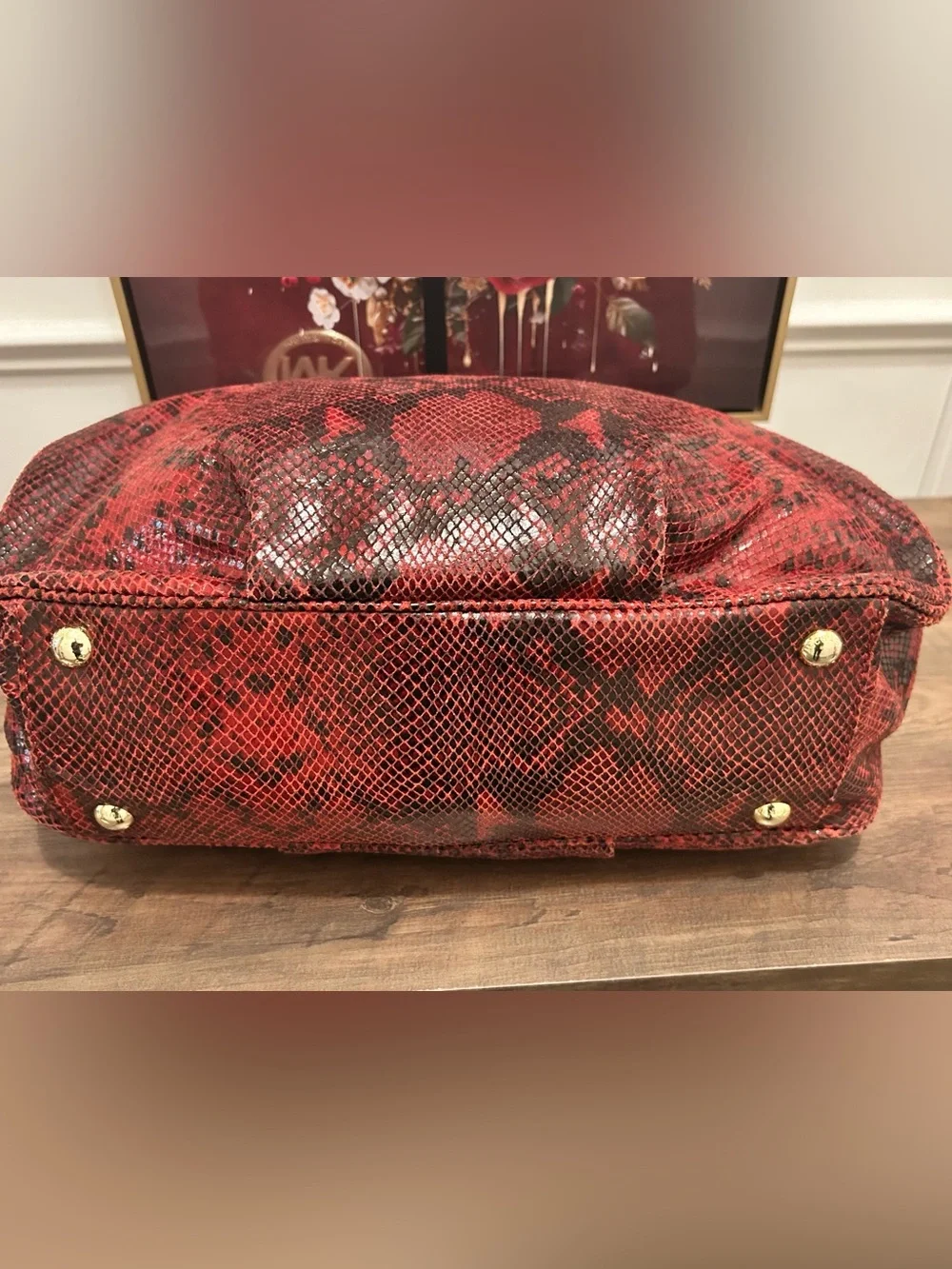 Michael Kors Red and Black Embossed Snake-Print Shoulder Tote with MK Dust Bag - Picture 9 of 15